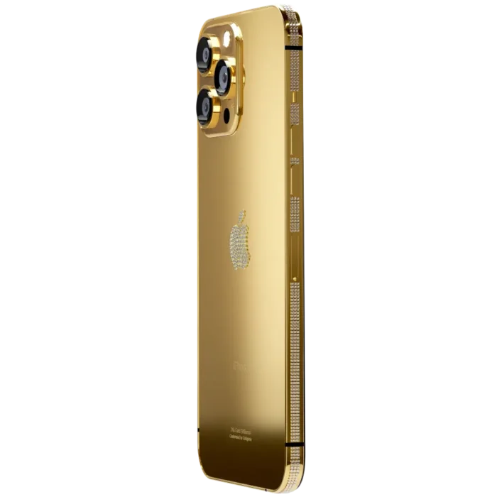 24k Gold Rose Gold Platinum iPhone 15 Pro Pro Max with Crystal bezel Logo.webp